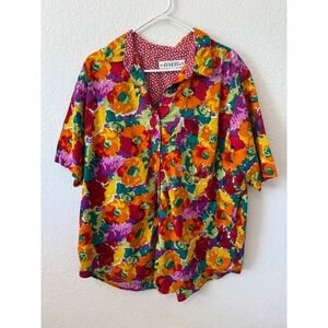 Venezia Womens Vintage Floral Button Down Shirt Short Sleeve Multicolor Relaxed